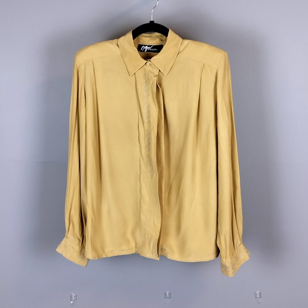 Vintage Silk Embroidered Button Down Blouse Sand Tan 6 Peter Nygard